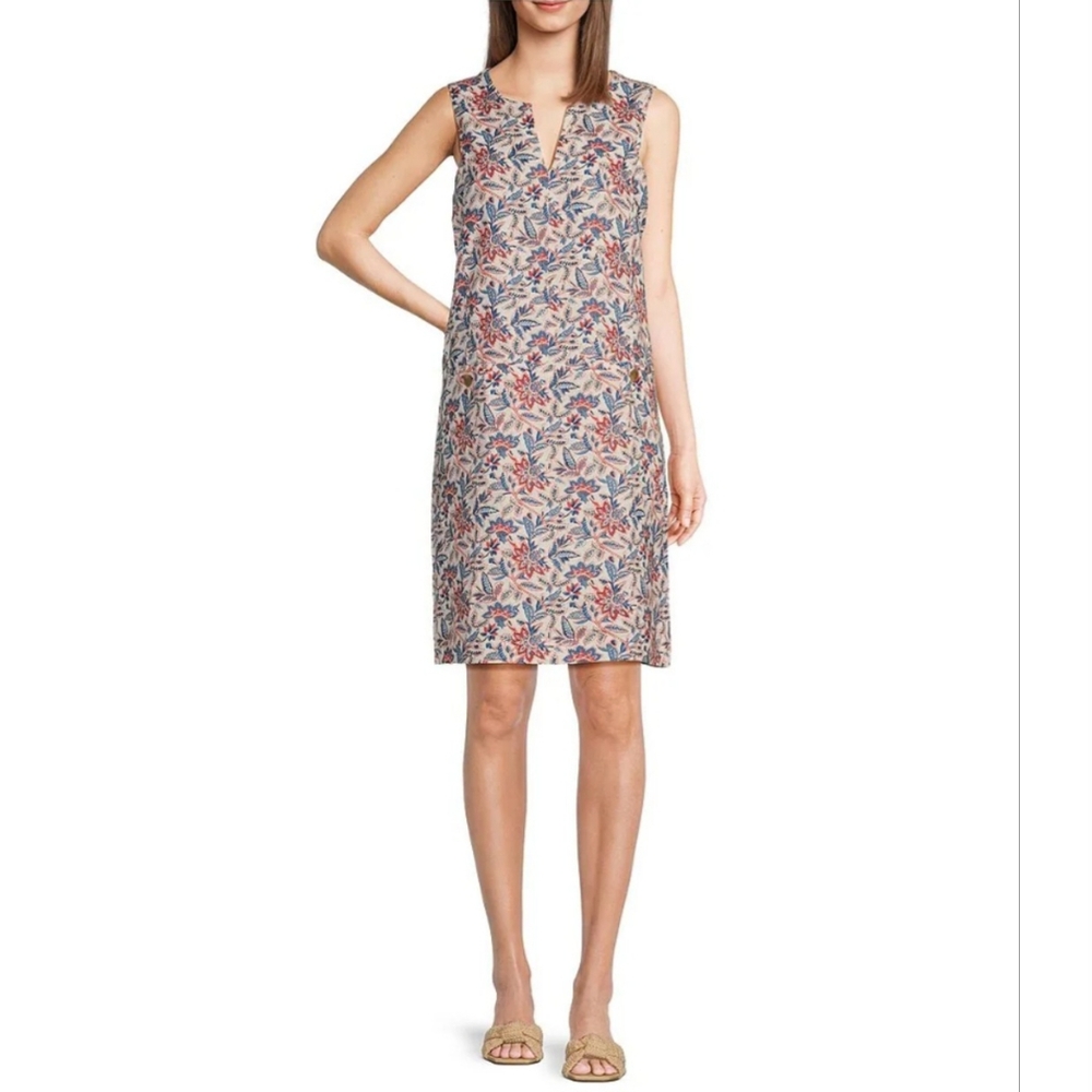 J. McLaughlin $218 Rue Linen Floral Split V-Neck Shift Dress Sz Large NWT
